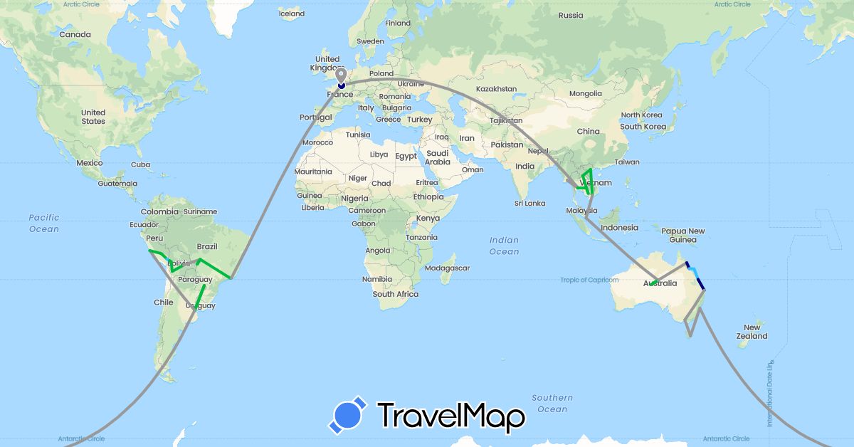 TravelMap itinerary: driving, bus, plane, boat in Argentina, Australia, Bolivia, Brazil, France, Cambodia, Laos, Myanmar (Burma), Peru, Singapore, Thailand, Vietnam (Asia, Europe, Oceania, South America)